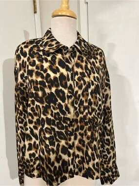Moa Moa Leopard Print Button-Up Blouse in Black and Brown